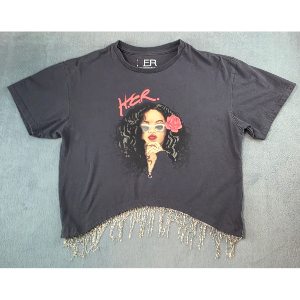 H.E.R. Graphic Fringe‎ Hem Crop Top Womens Medium Music Band Tee